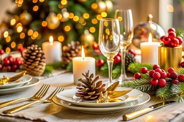 Fototapeta premium Elegant Holiday Table Setting: Gold Cutlery & Festive Decorations - Stock Photo