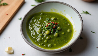 Chimichurri sauce in vibrant green colors used for seasoning with copy space