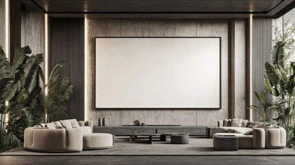 Modern living room with large blank canvas and tropical plants.