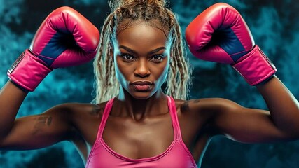 With a smokey background, a self-assured female boxer wearing bright pink gloves and clothing exudes strength and resolve.
