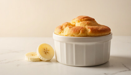 Banana souffle in a minimalist style in white and beige with copy space