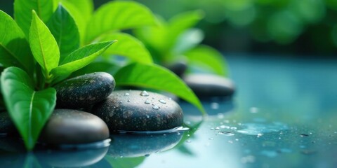 Serene spa stones nestled amongst vibrant green leaves, glistening with water droplets, reflecting tranquility in a still pool