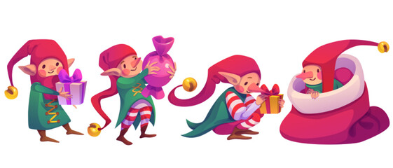 Cute elf characters with presents in festive poses - santa helpers wearing striped socks, green coats and long red hats decorate gifts, carry packages and hide inside giant bag. Cartoon holiday set.