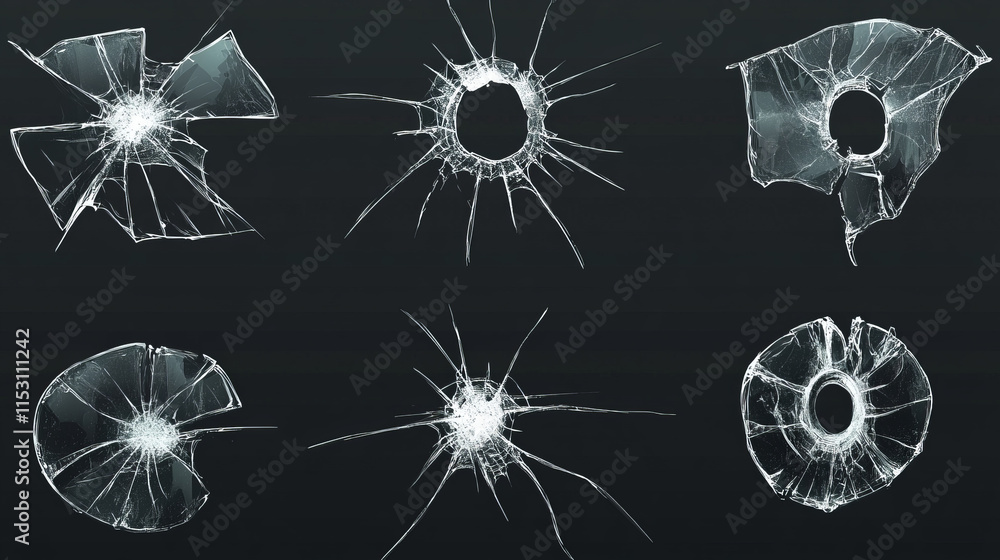 Poster broken glass with cracks and hole from impact or bullet. vector realistic set of rectangle clear acr