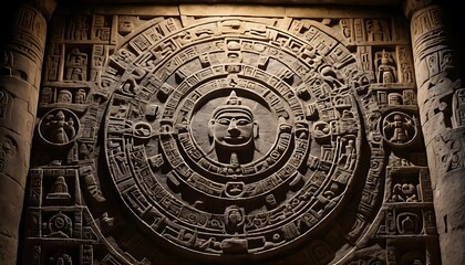 Naklejka premium Ancient Stone Carving: Intricate Detail of a Celestial Calendar