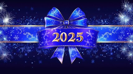 Happy New Year background with golden numbers "2025" and fireworks on dark blue bokeh lights, holiday concept for party or celebration greeting card design