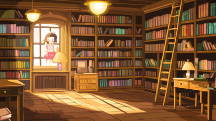 Library interior, empty room for reading with various books on wooden shelves, ladder, desks with lamps and picture of schoolgirl on wall. Cozy place for literature collection cartoon vector athenaeum