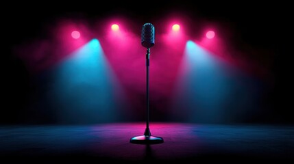 Microphone on Stage, Neon Lights, Performance, Concert, Music, Show, 