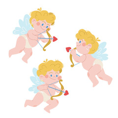 Set of funny vector cupids. Mythical cherubs with bows and arrows. Amurs characters for celebrating Valentine's Day