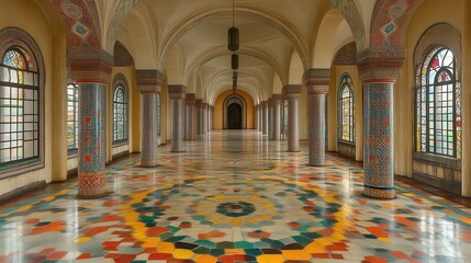 Obraz premium Ornate hallway with colorful tile floor and stained glass windows.