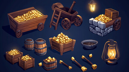 Game props icons gold mine assets dynamite, trolley with golden nuggets, lantern and pickaxe ui or gui design elements. Game items carriage with ingots, pick and tnt Isolated cartoon 3d vector set