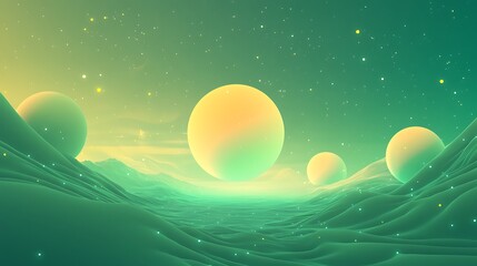 Fototapeta premium Dreamlike Digital Painting: Glowing Planets Rise Over a Serene, Futuristic Landscape. AI Generated