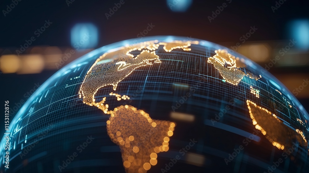 Poster detailed representation of a connected world showing a geometric globe design with glowing lines and