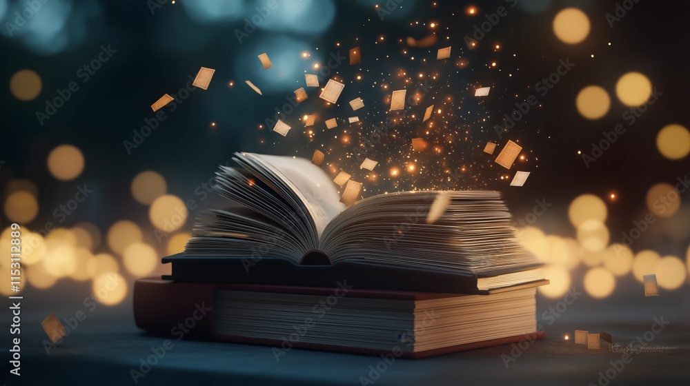 Aufkleber enchanted library with floating book and magical particles illuminated by soft ambient light creatin