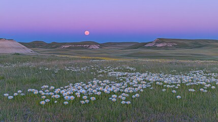A serene landscape featuring wildflowers under a twilight sky with a rising moon.