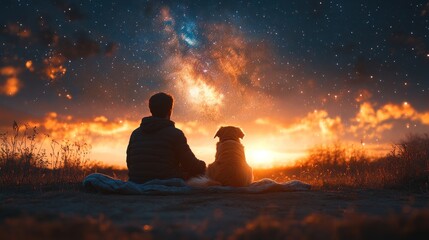 A person and a dog enjoy a cosmic sunset, evoking companionship and tranquility.