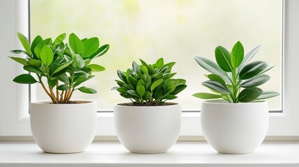 Serene Indoor Desk Setup with Three Elegant Potted Plants Placed by a Bright Window, Enhancing Home Office Decor and Bringing a Touch of Nature Inside the Workspace