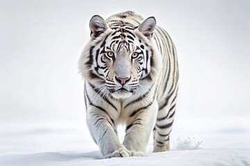Fototapeta premium Elegant White Tiger Portrait: Walking Pose, Isolated on White Background