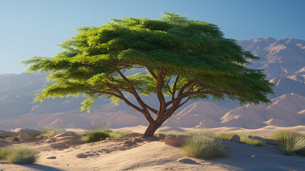 Green tree centered in a sandy desert landscape