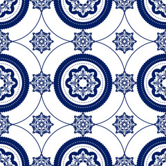ikat style blue tiles and white pattern background