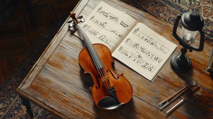 Naklejka premium Violin on Wooden Table with Sheet Music and Lantern: A Still Life Composition