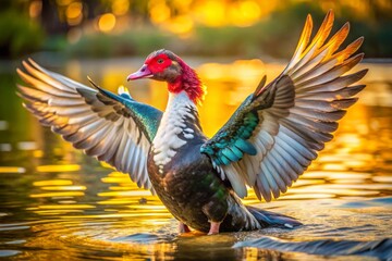 Obraz premium Lakeside Muscovy Duck: Wings Drying, Eye-Level View - Wildlife Photography