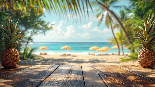 Blank wooden rectangle painted with tropical motifs like palm trees and pineapples, vivid greens and yellows, sunny beachside setting with blurred umbrellas and waves in the distance