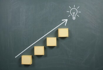Concept of progress with steps leading to a bright idea, drawn as an arrow on a chalkboard.