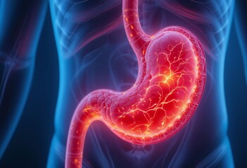 Illustration of acid reflux showing stomach and esophagus with highlighted details.