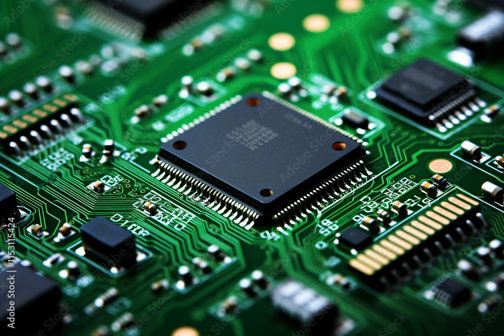 Poster close-up of a green circuit board showcasing intricate microchips and electronic components, the hea