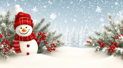Cheerful snowman in winter wonderland.
