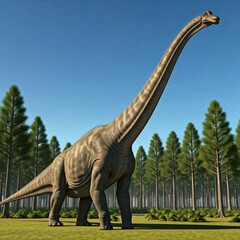 Obraz premium Brachiosaurus in prehistoric forest: majestic dinosaur under clear blue sky