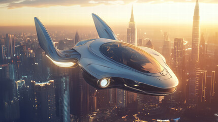 A futuristic cityscape with flying cars and skyscrapers, rendered in a concept art style