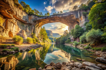 Fototapeta premium Breathtaking panoramic view of canyon with natural stone arch, reflecting in serene river surrounded by lush greenery and dramatic clouds