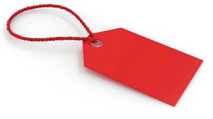 White background with eye-catching red discount tag showing savings opportunity, Prominent red label indicating price reduction for various items. Great visual cue for bargains and deals.