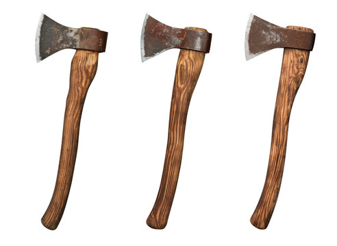 High-Quality PNG three rustic axes with wooden handles on white background