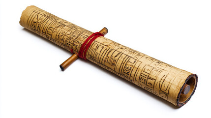 Fototapeta premium Ancient Egypt papyrus scroll with wooden rod cartoon vector illustration. Egyptian culture symbol, ancient paper to store information with wooden stick decorated with red cord and isolated on white