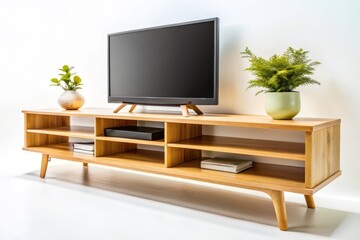 Minimalist Wooden TV Stand: Worm's Eye View - Natural Finish Open Shelving