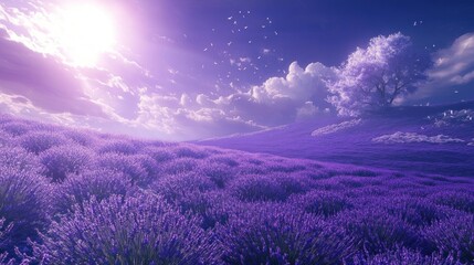 Obraz premium A serene lavender field under a vibrant sky, evoking tranquility and natural beauty.