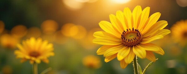 Obraz premium Delicate flower blooms against warm golden light, garden, blossoms, sunflower