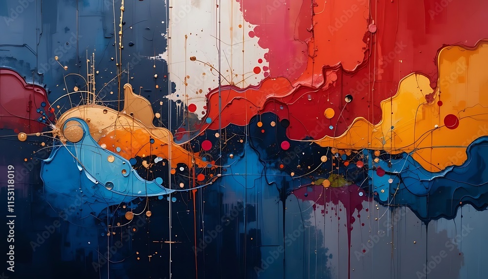 Poster abstract colorful painting with fluid forms and drips