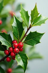 European holly sprig with tiny berries isolated, foliage, colorful, sprig