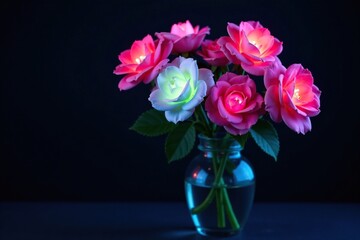 Fototapeta premium Floral arrangement of bioluminescent roses in a dark glass vase, soft lighting, bioluminescent flowers