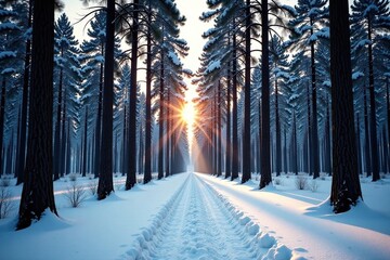 Forest landscape with tall trees and a blanket of fresh snow on the ground, forest, snowy, tree