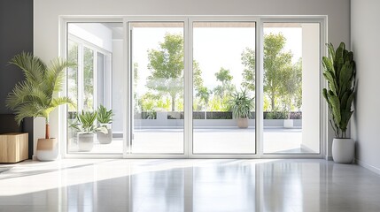 Fototapeta premium Bright Living Room Entrance with Glass Doors, Indoor Plants, and Minimalist Decor