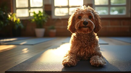 A therapy dog offering comfort as a trauma survivor holds a deep stretch, soft gray yoga mats, a minimalist studio bathed in soft warm light, a quiet and reassuring space