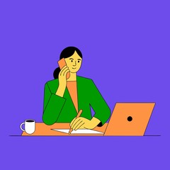 An enterprising woman takes notes on her laptop while talking on the phone.