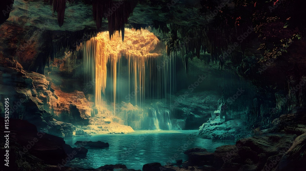 Poster enchanting subterranean waterfall cascading into a mystical pool