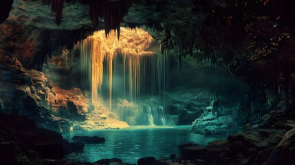 Enchanting subterranean waterfall cascading into a mystical pool
