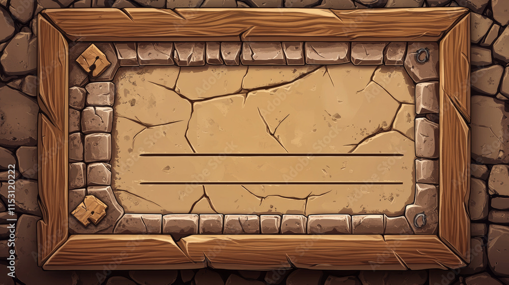 Poster stone frame and rock board game ui cartoon vector. medieval plaque and loading progress bar design t